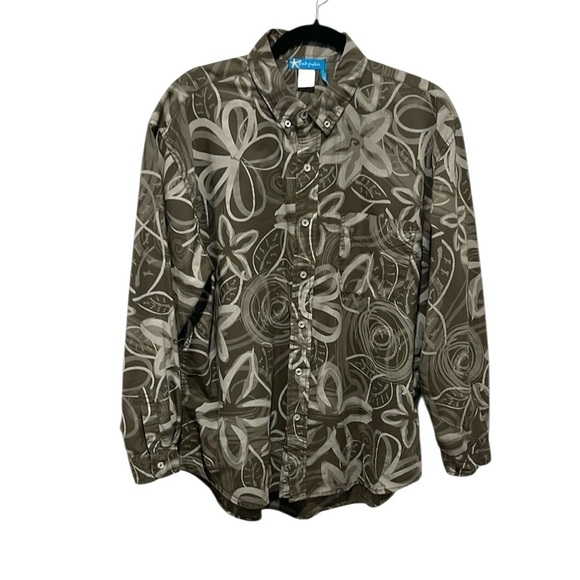 Fresh Produce olive green floral long sleeve button down cotton top Large - Picture 1 of 6